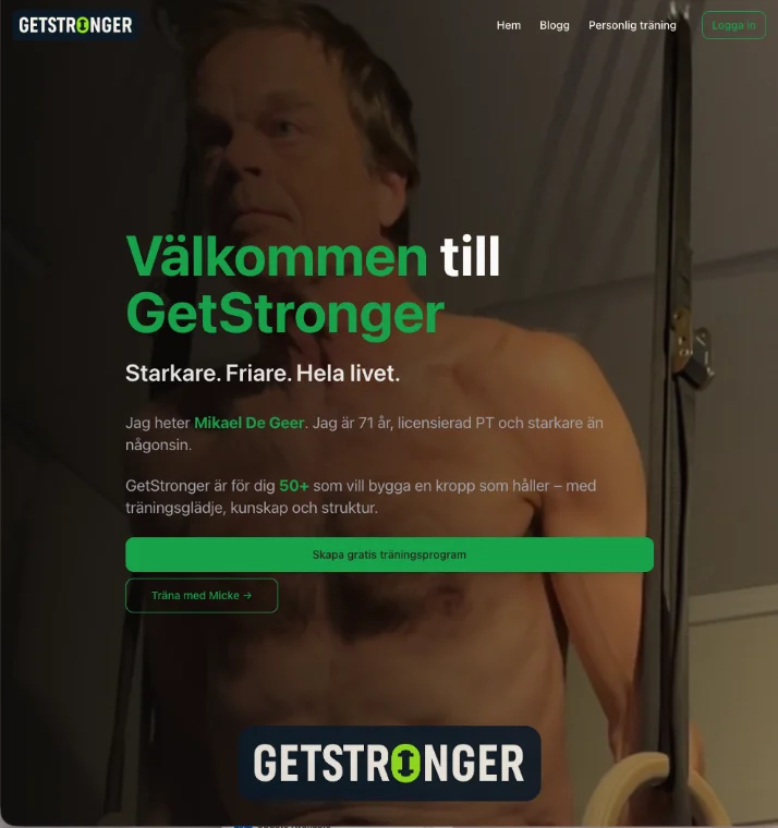 Startsidan för GetStronger